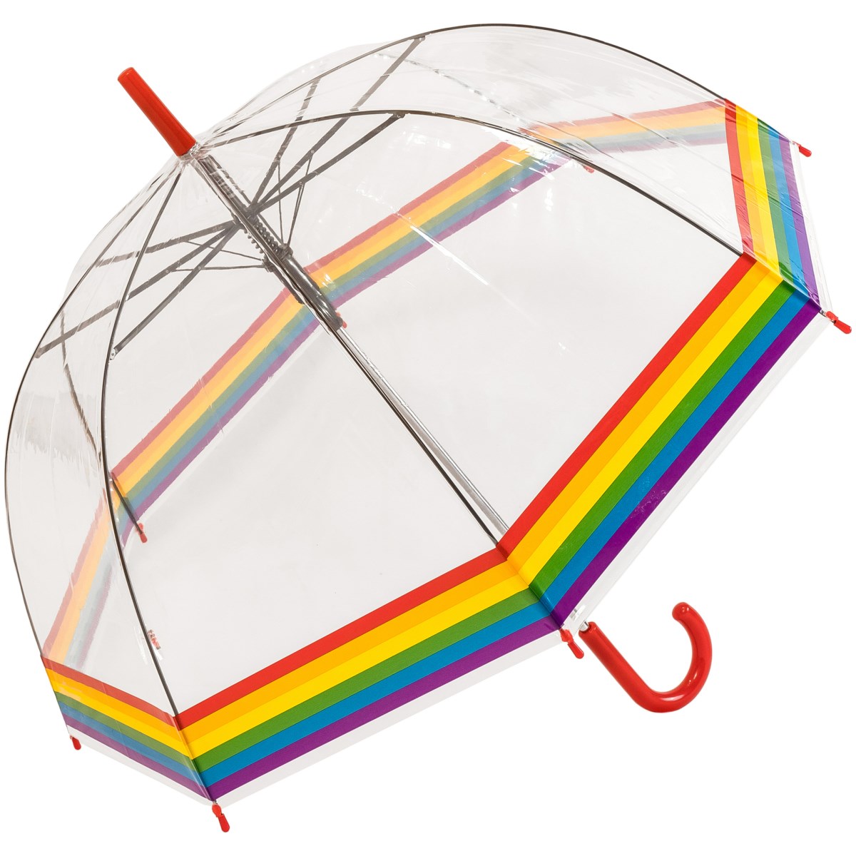 Rainbow Border Clear Dome Umbrella - Adult size - Red Handle (18022-R)