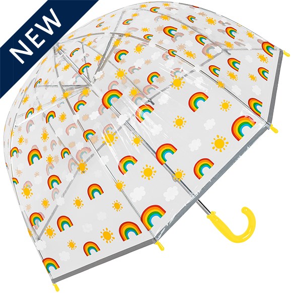 Kids Clear Dome Umbrella with Rainbow Pattern and Reflective Strip - Yellow Handle (18024-Y)