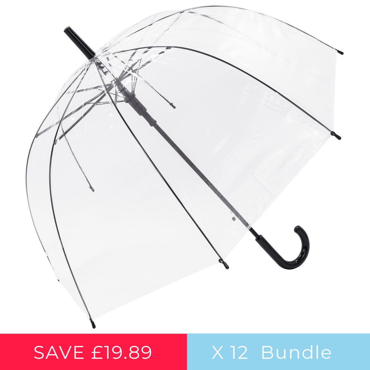 Transparent Umbrella With Black Frame Bulk Buy x 12 (18018-12)