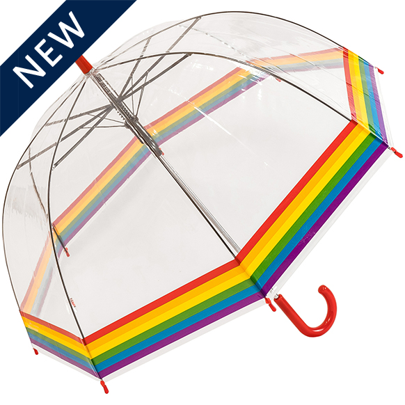 Rainbow Border Clear Dome Umbrella - Adult size - Red Handle (18022-R)