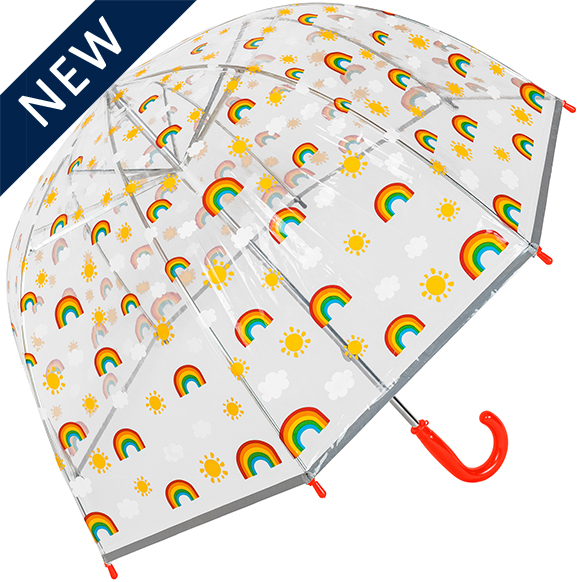 Kids Clear Dome Umbrella with Rainbow Pattern and Reflective Strip - Red Handle (18024-R)