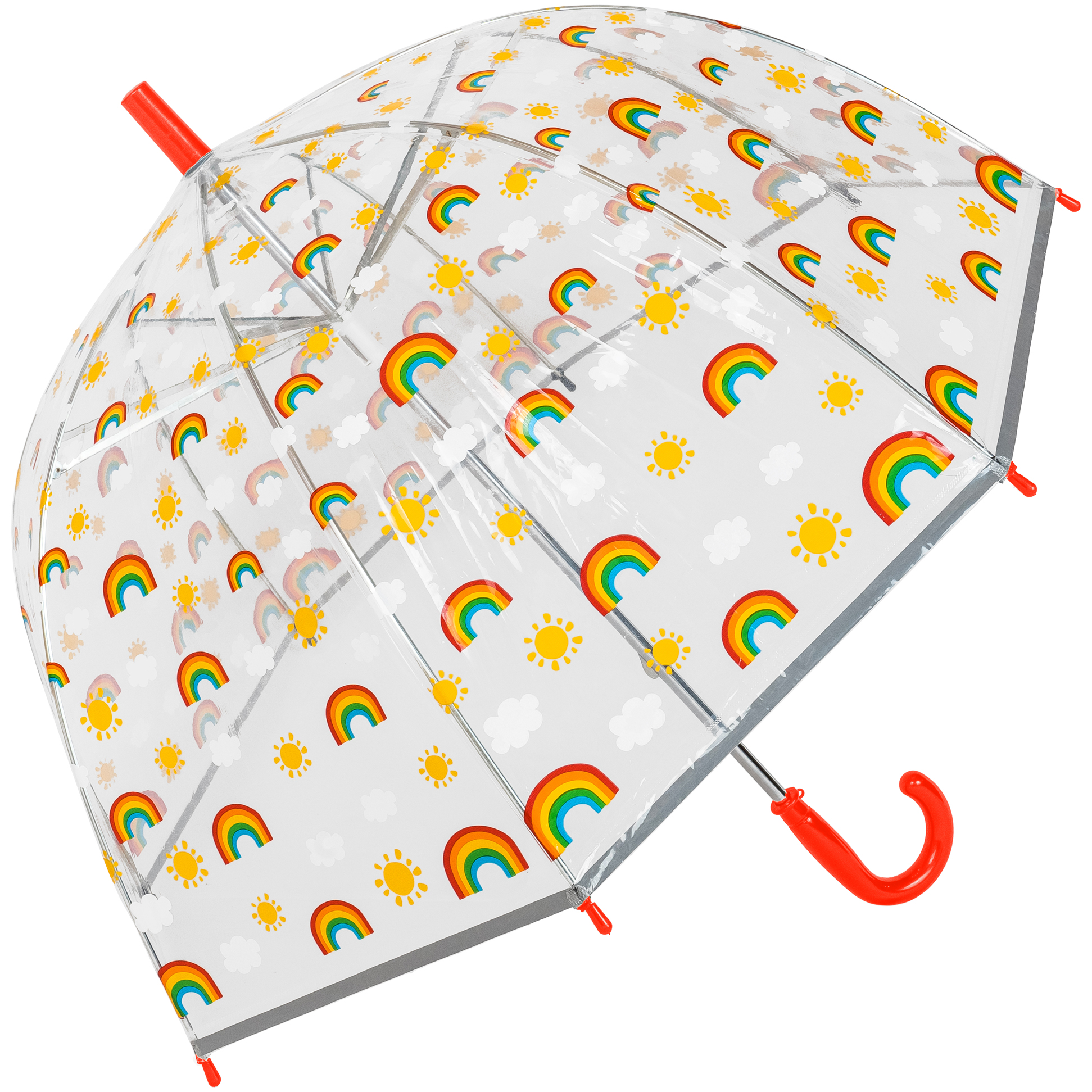 Kids Clear Dome Umbrella with Rainbow Pattern and Reflective Strip - Red Handle (18024-R)