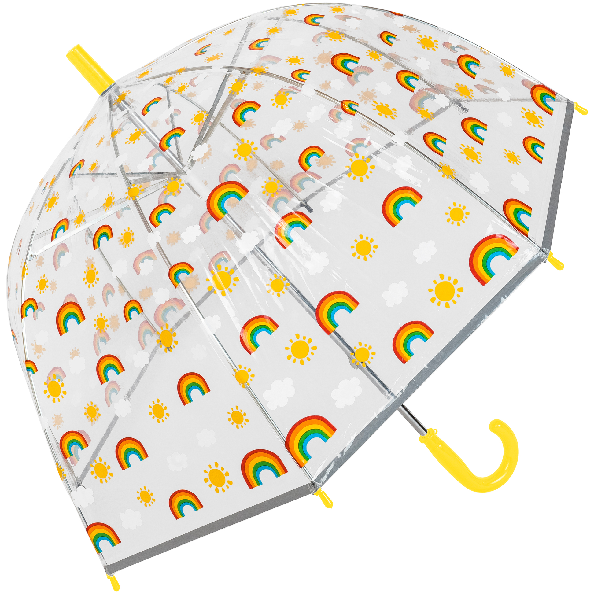 Kids Clear Dome Umbrella with Rainbow Pattern and Reflective Strip - Yellow Handle (18024-Y)